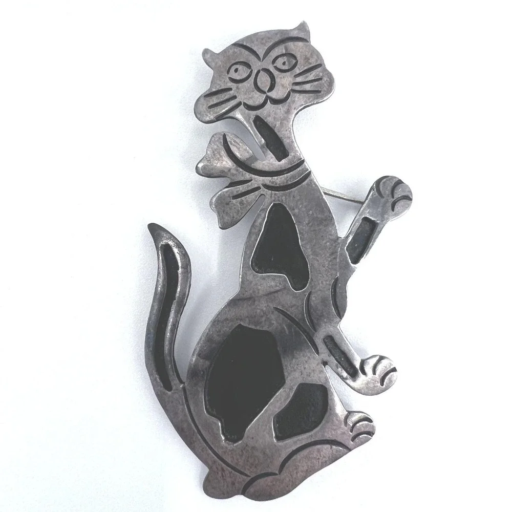 Vtg‎ Taxco Mexico Sterling Silver 925 Brooch Pin Cat Kitten Enamel 2.5
